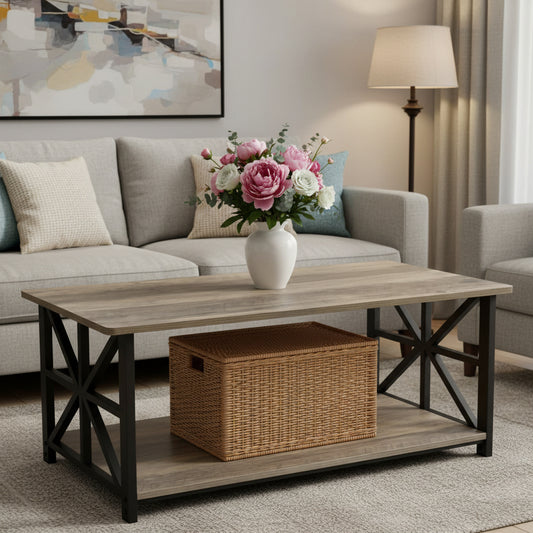 Velnoradesign 39" Farmhouse Coffee Table with Storage Shelf