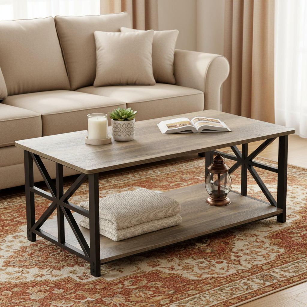 Velnoradesign 39" Farmhouse Coffee Table with Storage Shelf
