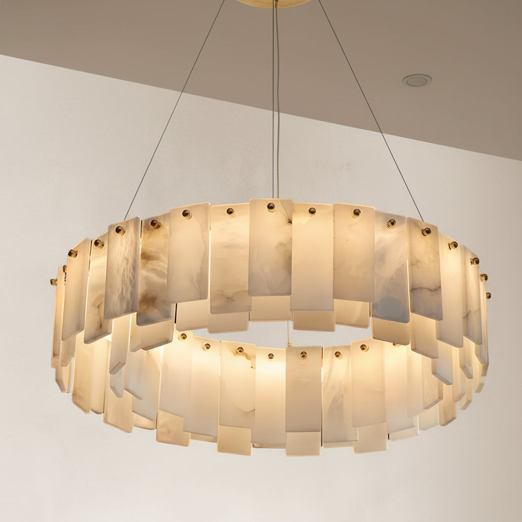 Serene Pillar Natural Alabaster 2-Tier Ring chandelier 32"D