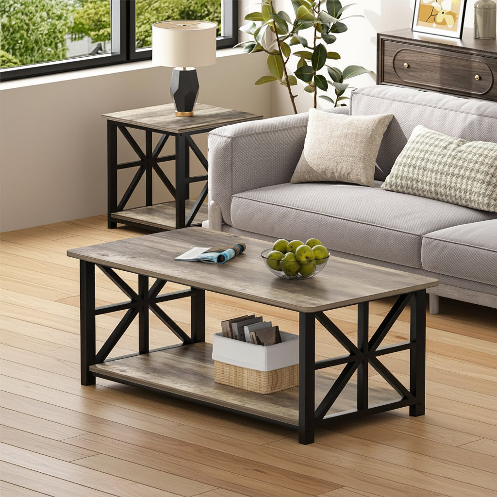 Velnoradesign 39" Farmhouse Coffee Table with Storage Shelf